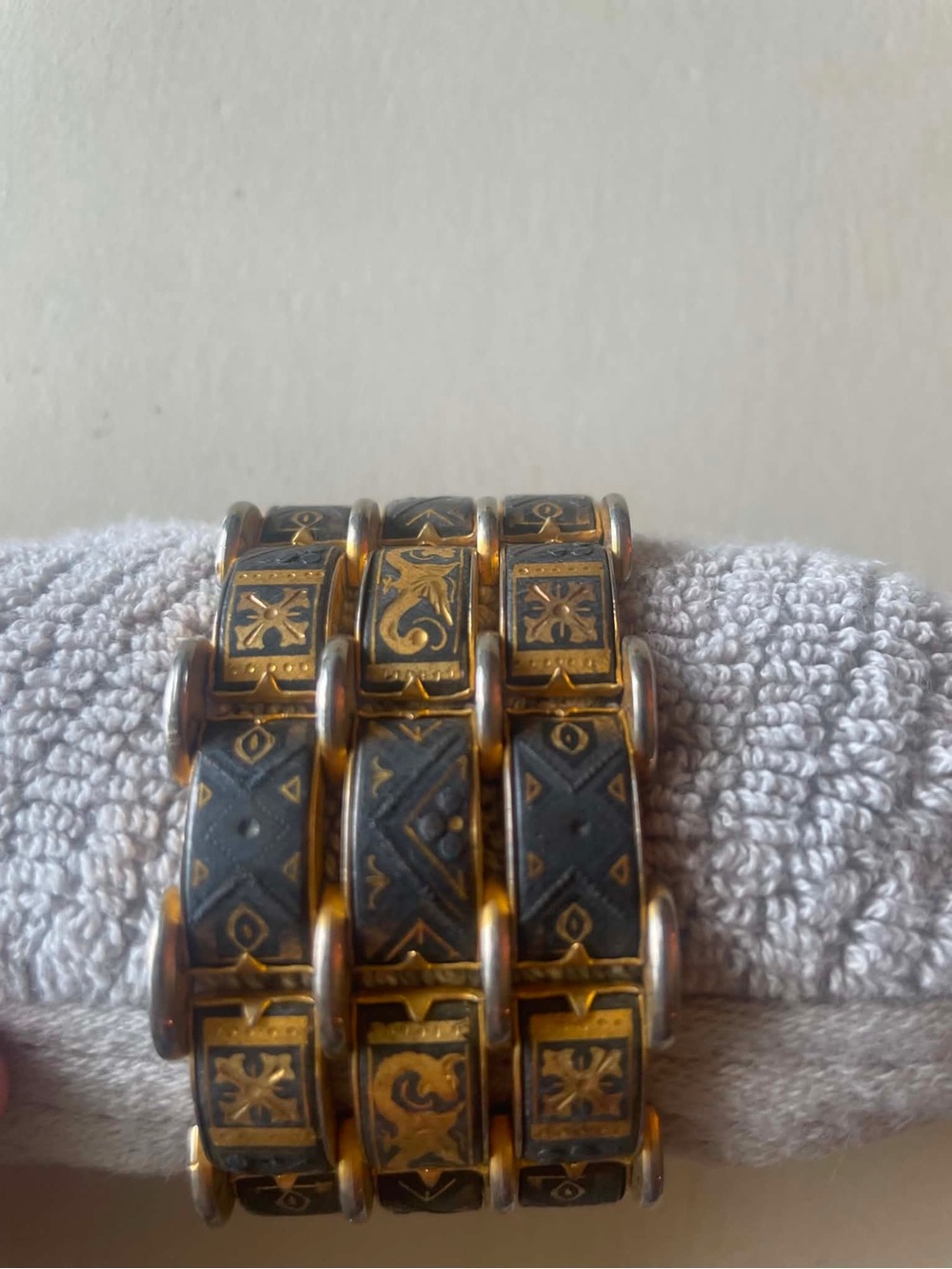 Damascene Bracelet Panther Link Gold Black Steampunk 7/8" Wide Vintage 7"